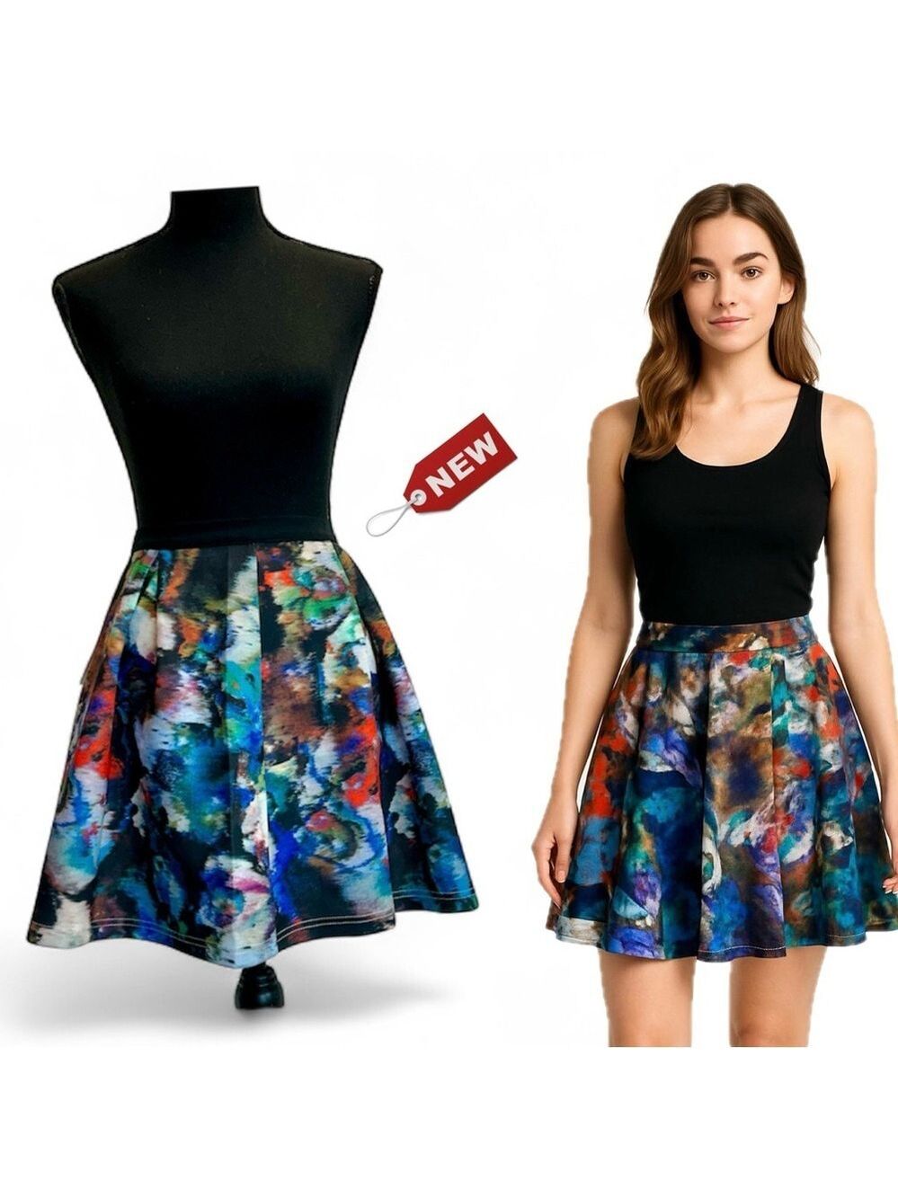 WYLDR multicoloured Watercolor Print pleated Mini skater circle Sz L NWT
